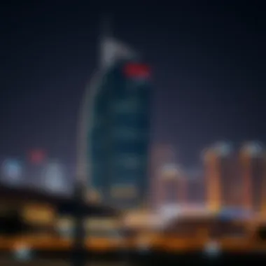 Night view of the ADCB Building illuminating Dubai's skyline