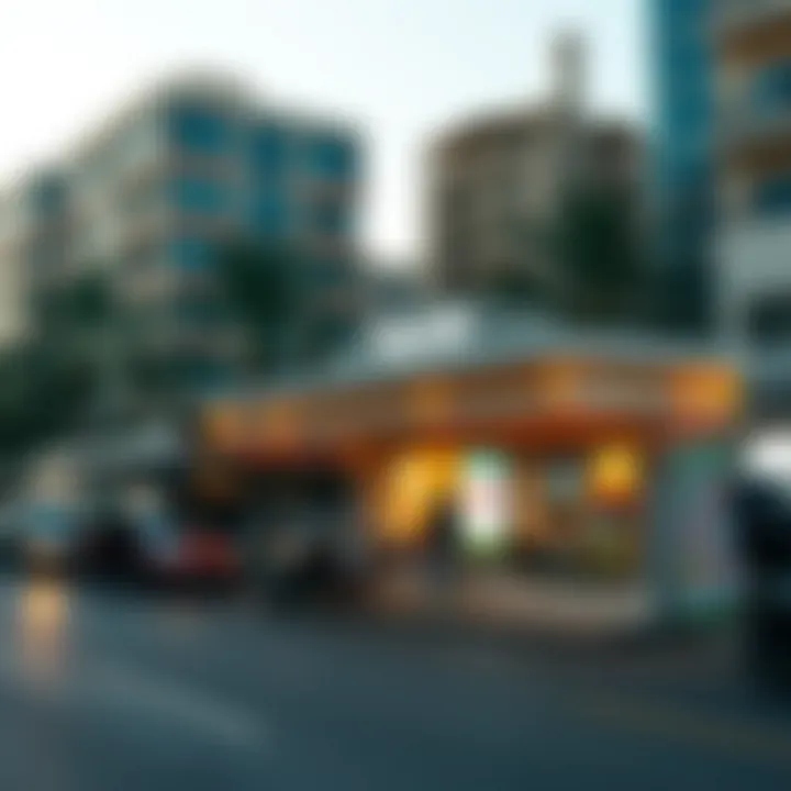 Dynamic urban environment around the Al Qasba bus stop featuring local attractions
