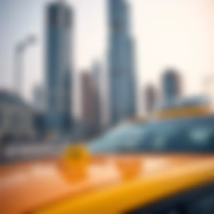 Dubai taxi exterior with skyline