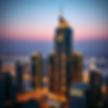 Avant Tower at Dusk Evening view of Avant Tower illuminated against the Dubai skyline