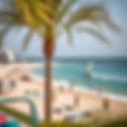 A picturesque view of Dubai's coastline with beachgoers enjoying various activities