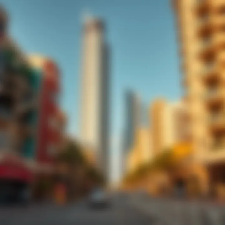 The vibrant neighborhood surrounding Bin Kamel Tower highlighting its urban integration