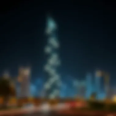 A night shot of Bin Kamel Tower illuminated, showcasing its prominence in Dubai's skyline