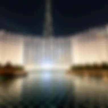 The Burj Khalifa Fountain Show with the skyscraper in the background