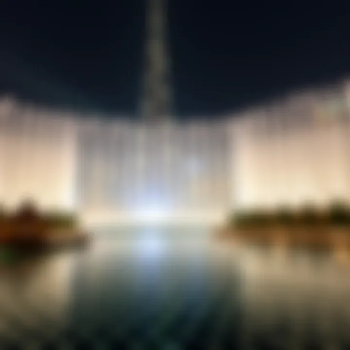 The Burj Khalifa Fountain Show with the skyscraper in the background