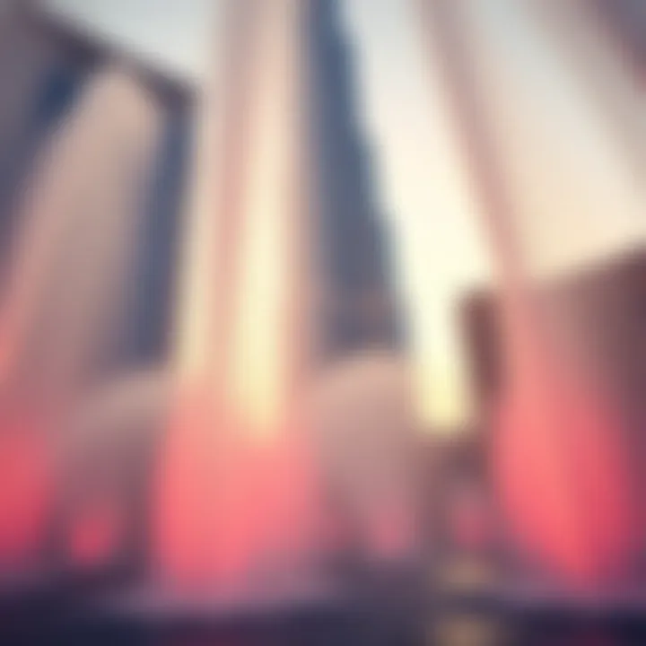 A close-up of the Burj Khalifa Fountain's water jets in action