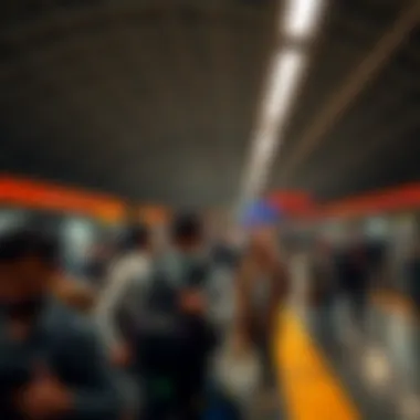Commuter Activity at Dubai Metro Station Dubai Metro station bustling with commuters during peak hours