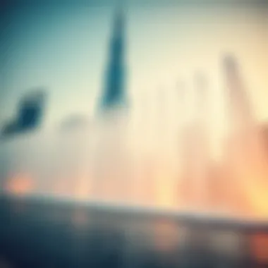 Dubai Fountain with Burj Khalifa Close-up view of the Dubai Fountain with the Burj Khalifa in the background