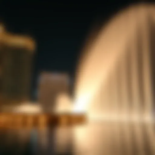 Spectacular view of the Dubai Fountain illuminated at night