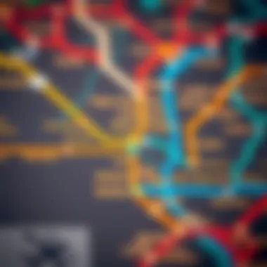 A vibrant map highlighting the names of various Dubai Metro stations.