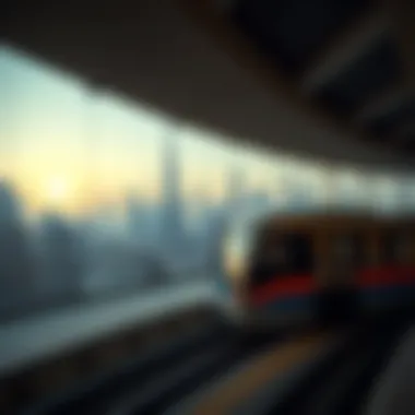 A panoramic view of the Dubai skyline with a metro train in motion.