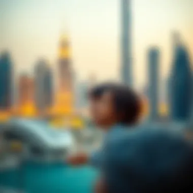 An artistic view of a mother and child sharing a tender moment amidst Dubai's skyline.