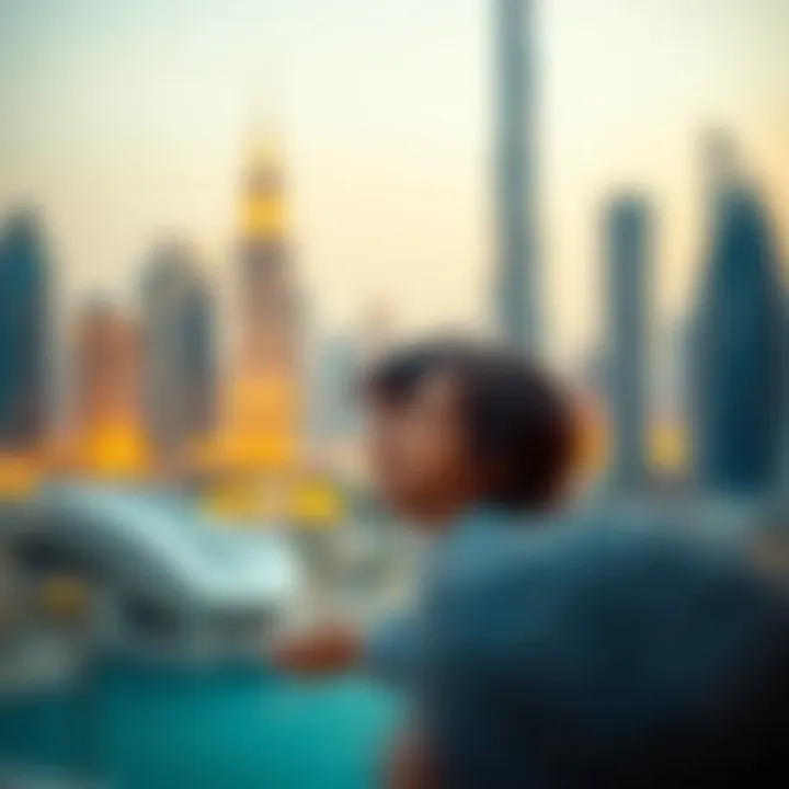 An artistic view of a mother and child sharing a tender moment amidst Dubai's skyline.