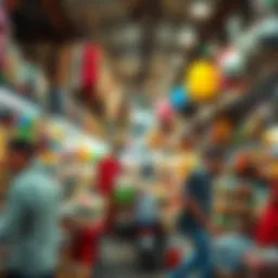 Vibrant market scene showcasing diverse stalls and products