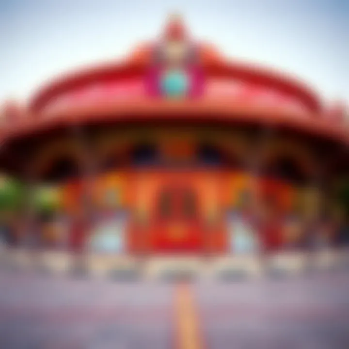 A colorful cultural pavilion representing various countries at Global Village Dubai