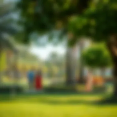 A vibrant park filled with lush greenery and families enjoying leisure time