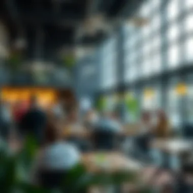 An interior shot of a collaborative workspace filled with professionals engaged in discussions.