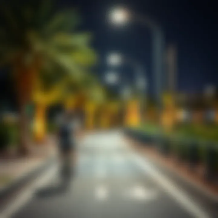 Illuminated Cycling Path at Night Night view of Dubai's illuminated cycling path