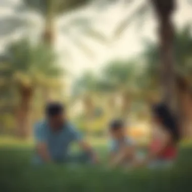 A family enjoying leisure time in a vibrant park surrounded by palm trees.