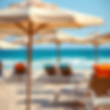 Relaxation by the Shore A vibrant beach atmosphere with umbrellas and lounge chairs, emphasizing relaxation.