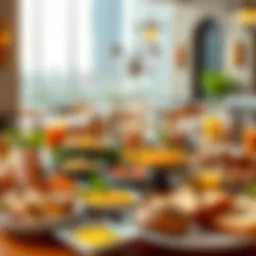 Lavish breakfast spread featuring Middle Eastern and international delicacies