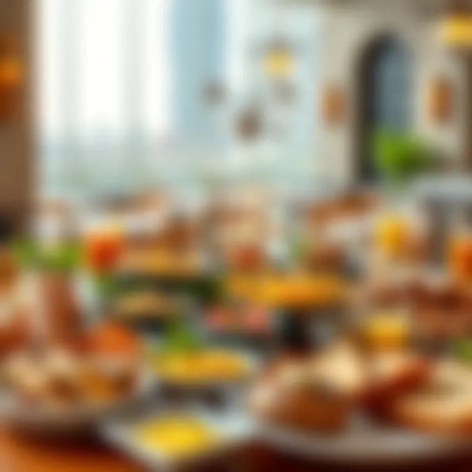 Lavish breakfast spread featuring Middle Eastern and international delicacies