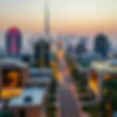 A skyline view highlighting proximity of restaurants to residential areas