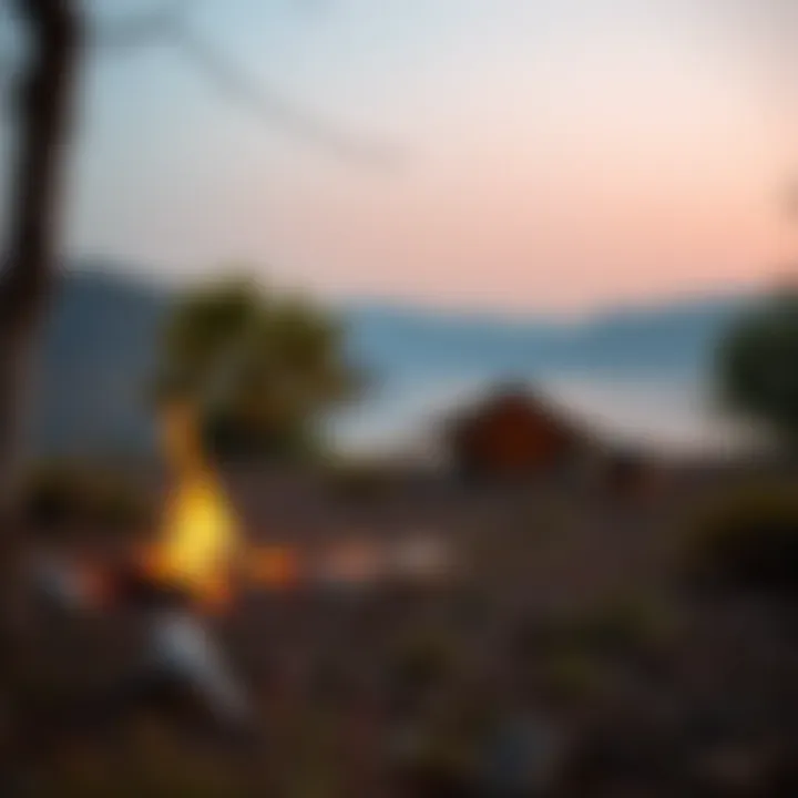 Tranquil Lake Camping Experience Tranquil lake setting with tents and a campfire surrounded by nature
