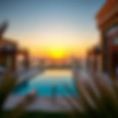 Serene Sunset View A serene view of the sunset over a private pool