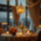 A romantic dinner setting with candlelight and flowers