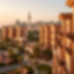 A scenic view of residential buildings in Silicon Oasis