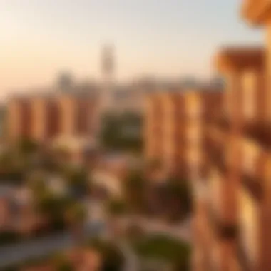 A scenic view of residential buildings in Silicon Oasis