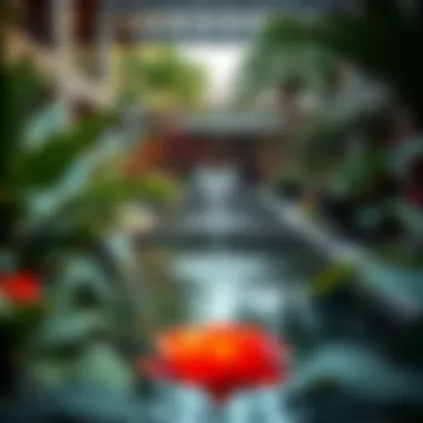 A serene water feature surrounded by exotic plants