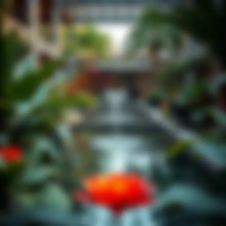 A serene water feature surrounded by exotic plants