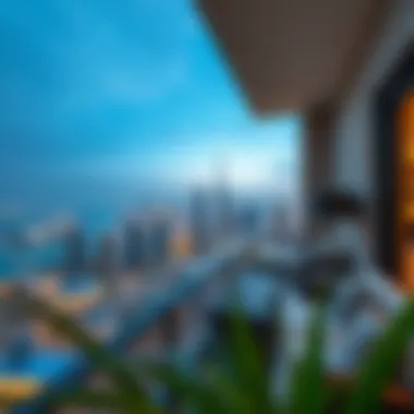 Panoramic view of Dubai skyline from hotel apartment balcony