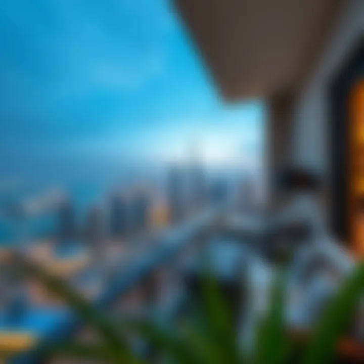 Panoramic view of Dubai skyline from hotel apartment balcony