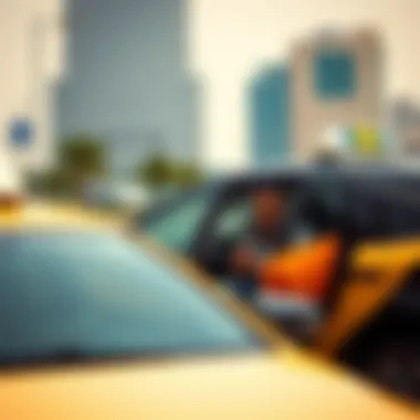 A satisfied customer stepping out of a taxi in front of a landmark