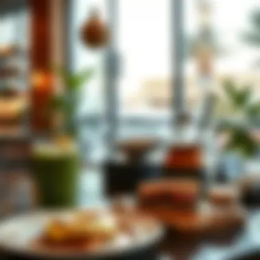 Contemporary Breakfast Café Experience A vibrant café setting with a contemporary breakfast menu showcasing avocado toast and smoothies.