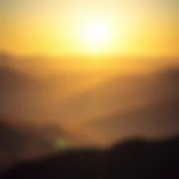 A breathtaking view of Dubai's hilly landscape at sunset, showcasing the interplay of light and shadows.