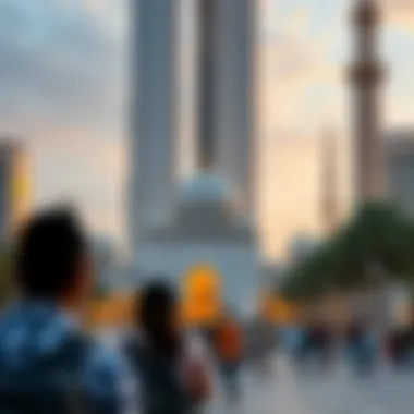Tourists admiring Sheikh Mosque's beauty amidst urban landscape