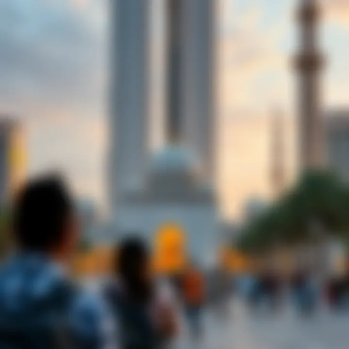 Tourists admiring Sheikh Mosque's beauty amidst urban landscape