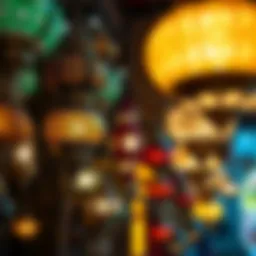 Intricate design of traditional Arabian lamps in a souk