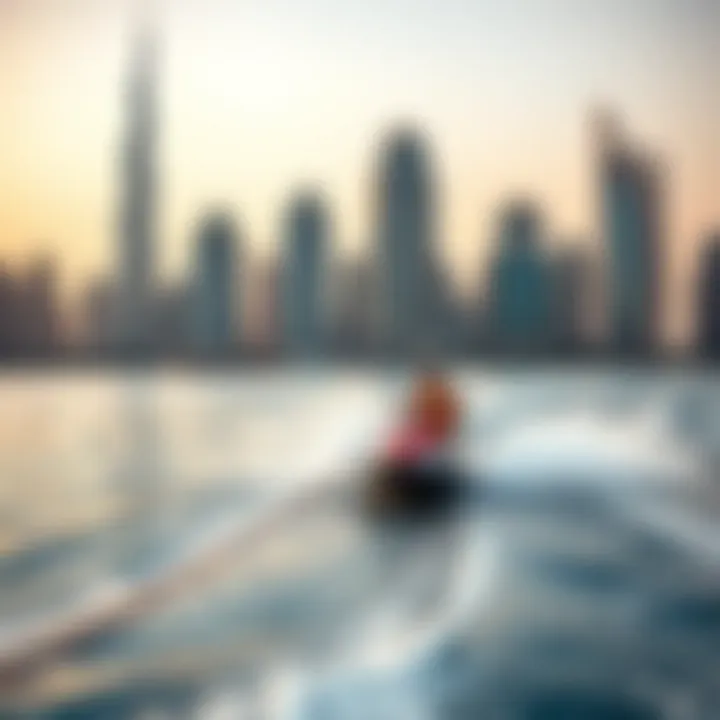 A water skier performing tricks against the backdrop of Dubai's skyline