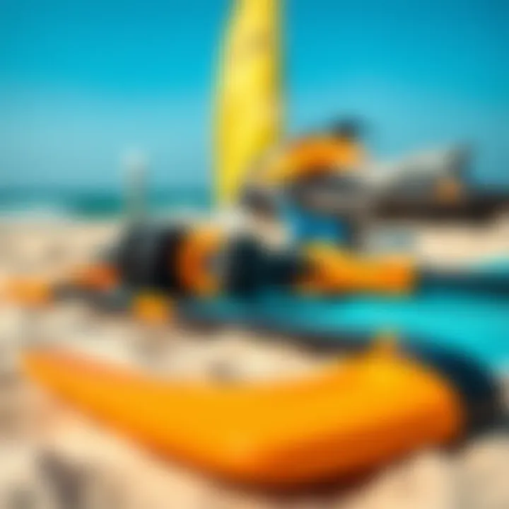 A close-up of water skiing equipment laid out on the beach