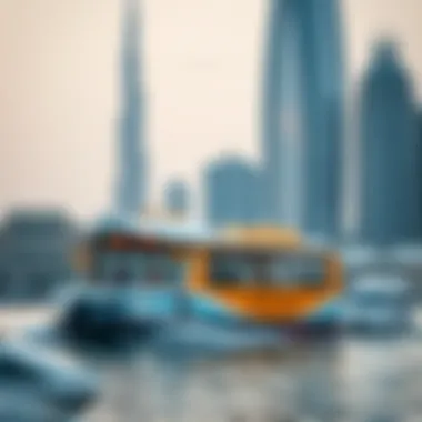 A water taxi navigating past iconic landmarks of Abu Dhabi, contributing to eco-friendly transport.