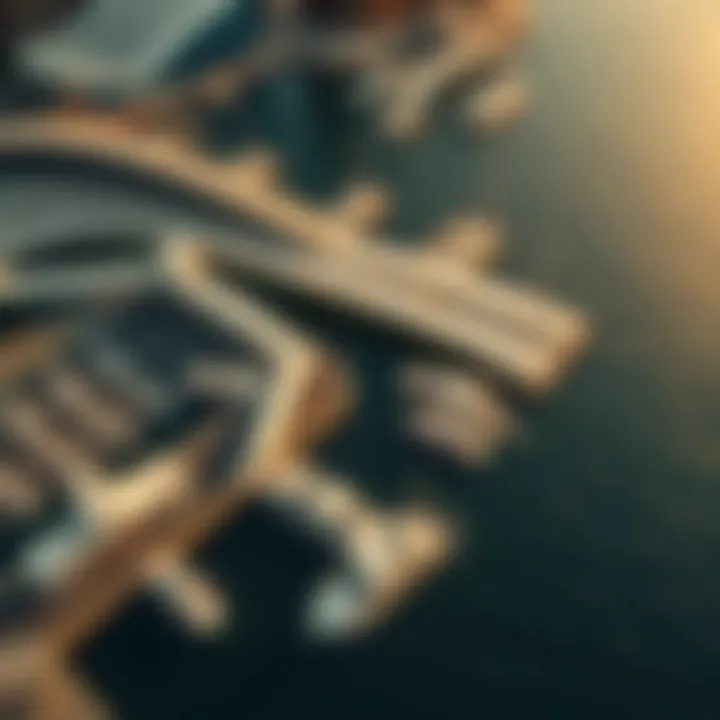 An aerial view showcasing the modern infrastructure of water taxi stations in Abu Dhabi.