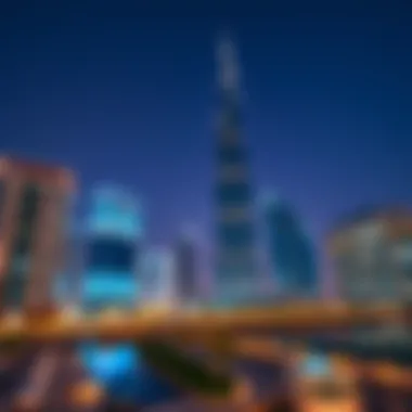 Night view of Business Bay showcasing Fifty One Tower