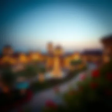 An enchanting evening view of Global Village illuminated with lights.