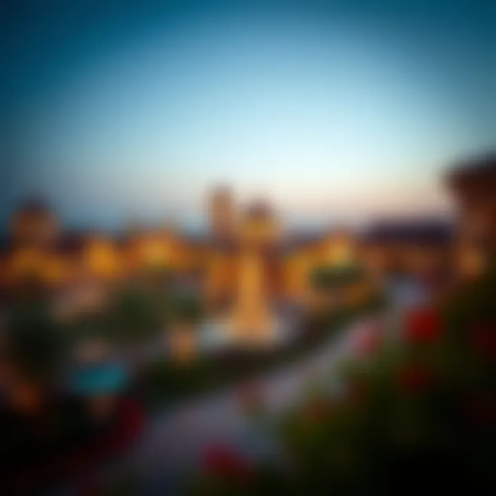 An enchanting evening view of Global Village illuminated with lights.