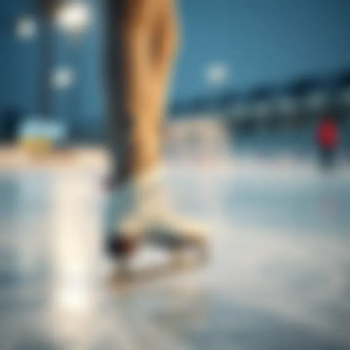 Close-up of ice skates on the rink